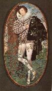 Nicholas Hilliard An unknown Youth Leaning against a tree among roses oil painting on canvas